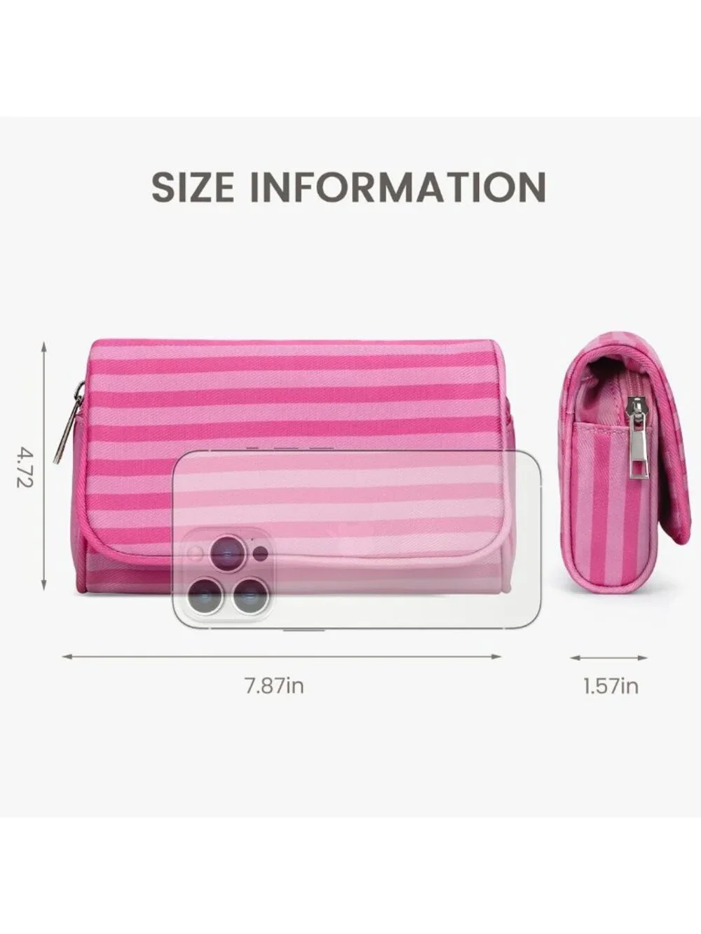 Trendy Pink Stripe Nylon Makeup Bag with Mirror | Portable Lightweight Cosmetic